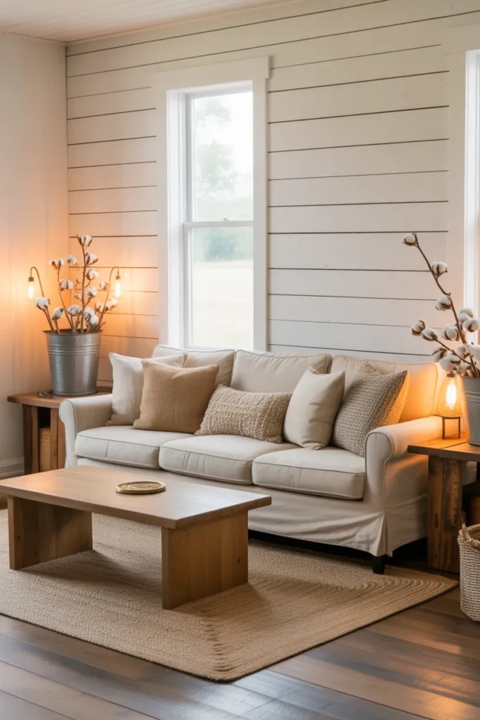 1-Classic White Shiplap Farmhouse Living Room