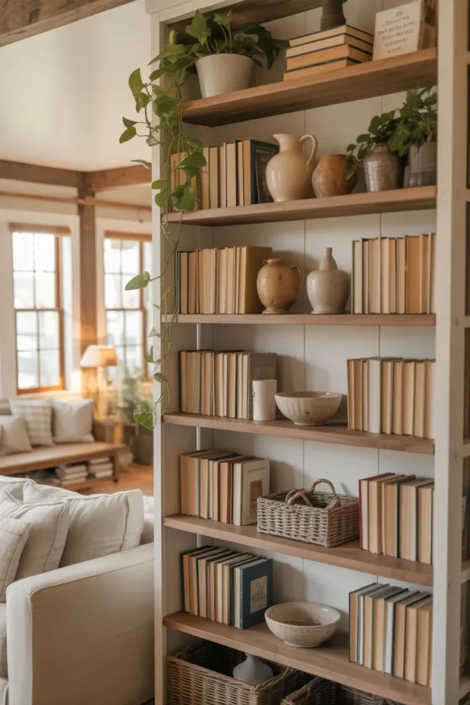 10-Farmhouse Living Room Bookshelf Styling
