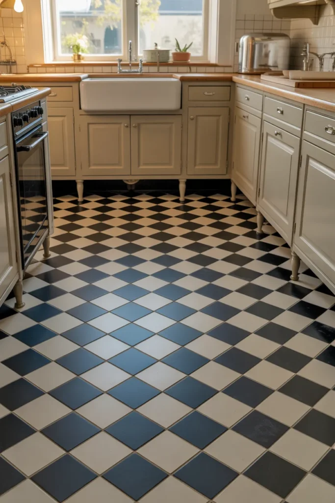 10-Vintage Checkerboard Kitchen Floor Tiles