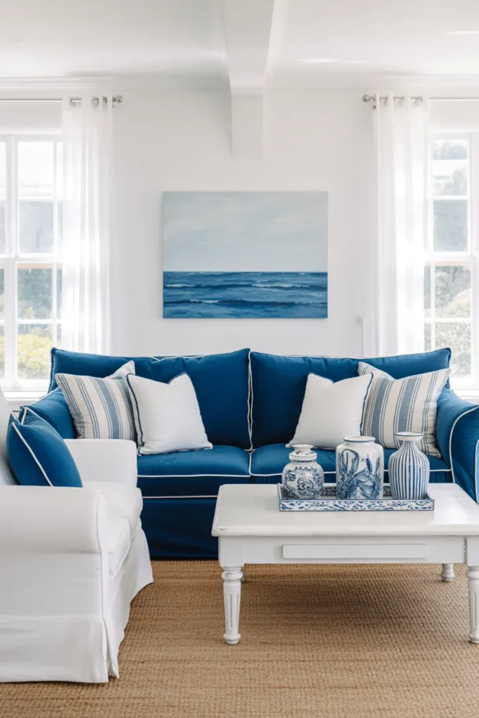 12-Blue and White Classic Coastal Living Room
