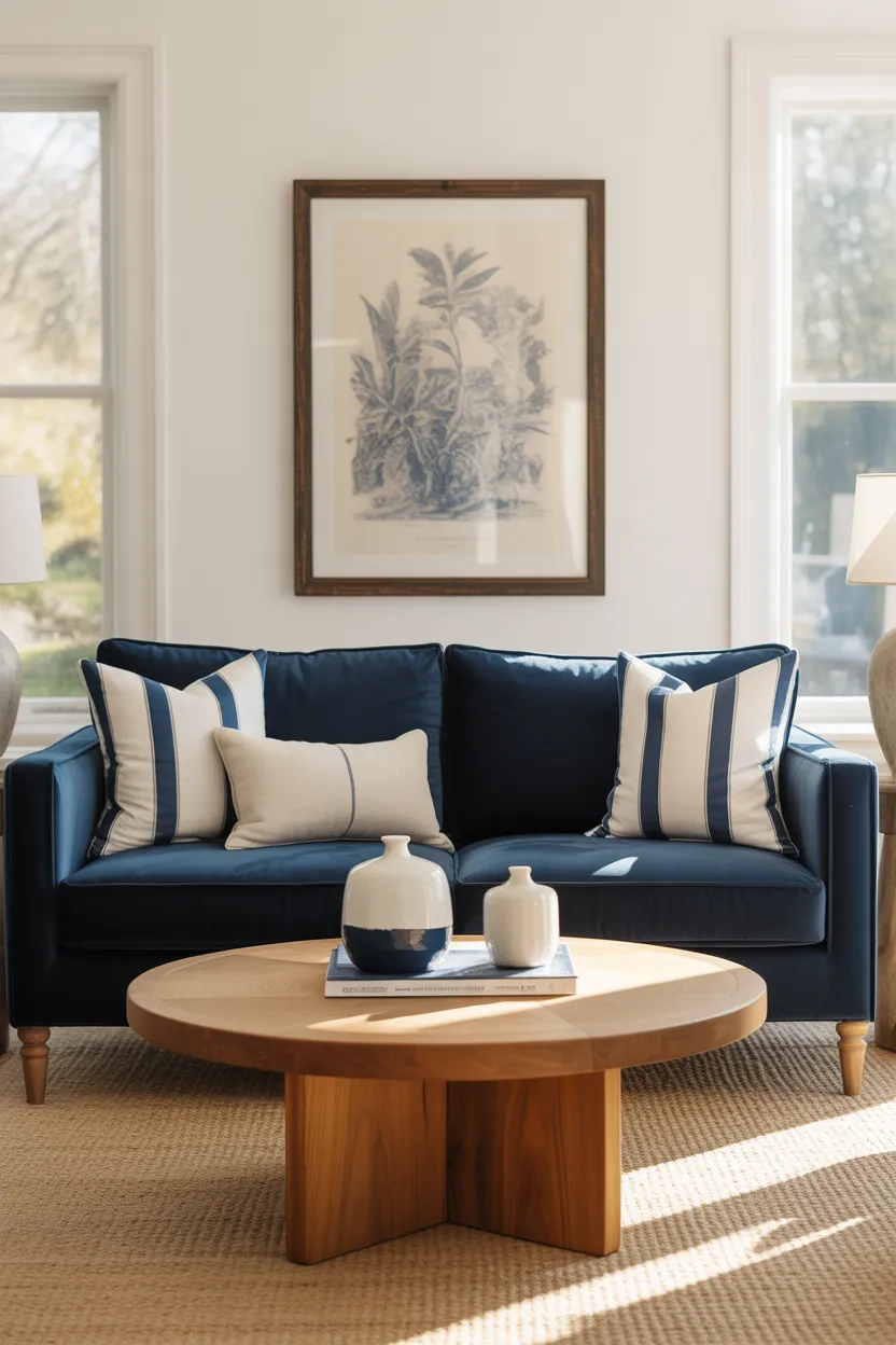 2-Navy and Natural Wood Coastal Living Room