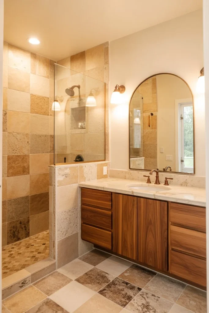 2. Warm Wood and Stone Bathroom Remodel