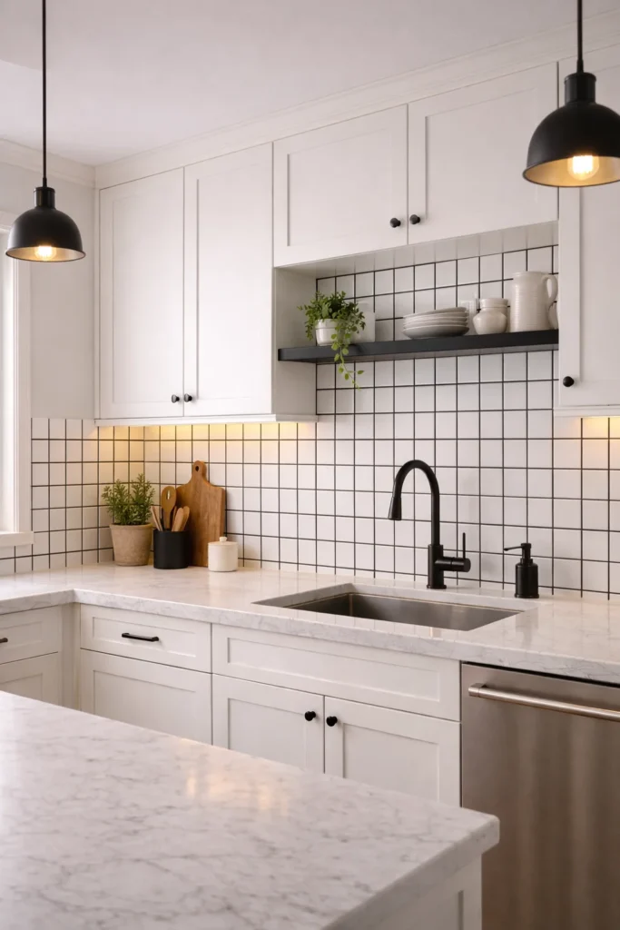Black Grout White Tile Backsplash