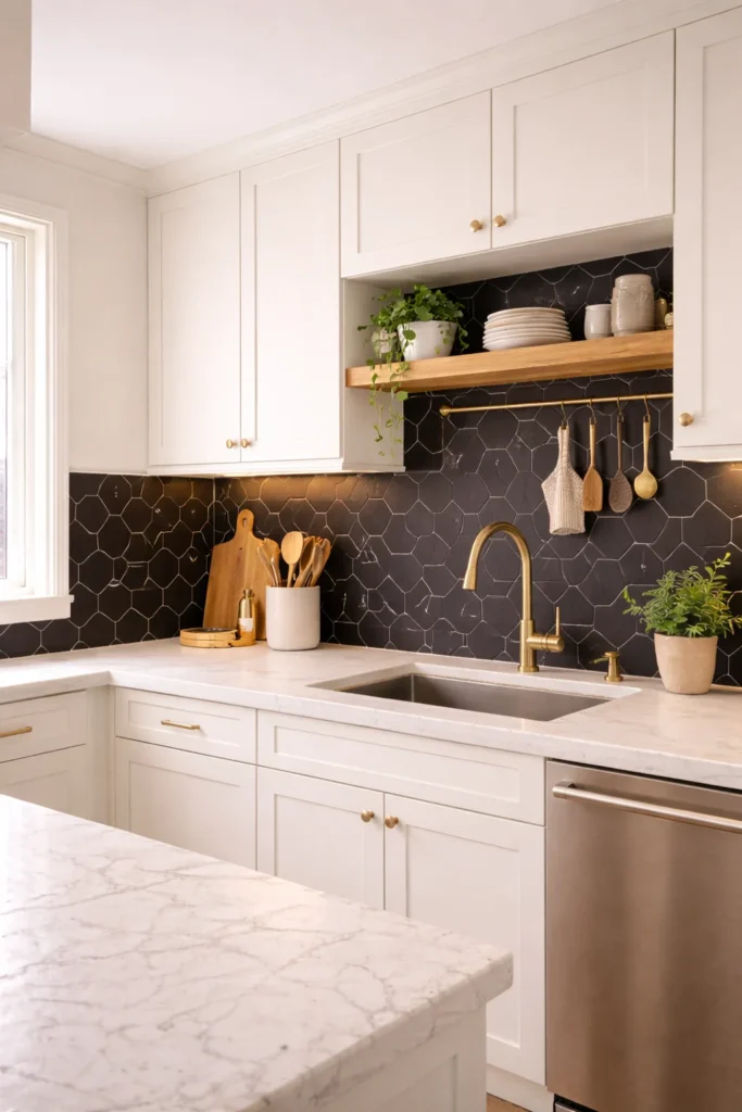 Black Hexagon Tile Backsplash
