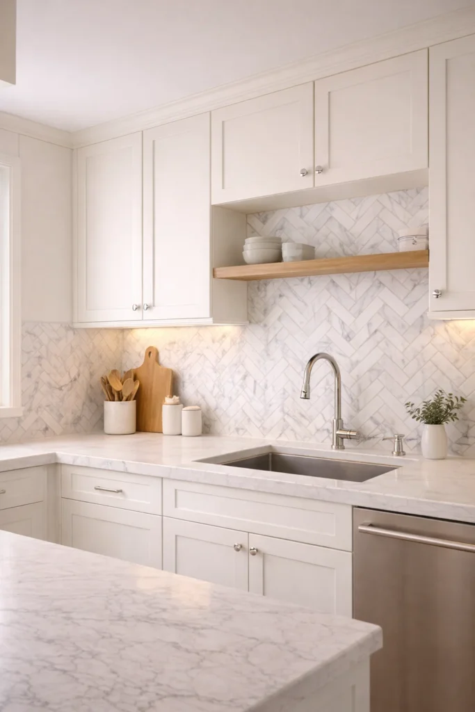 Herringbone White Marble Backsplash