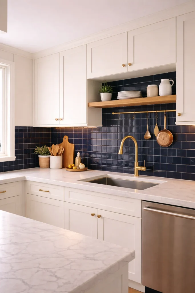 Navy Blue Glossy Tile Backsplash