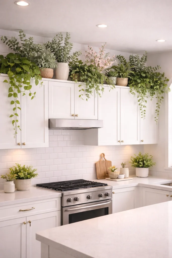 Spring Greenery Above Cabinets