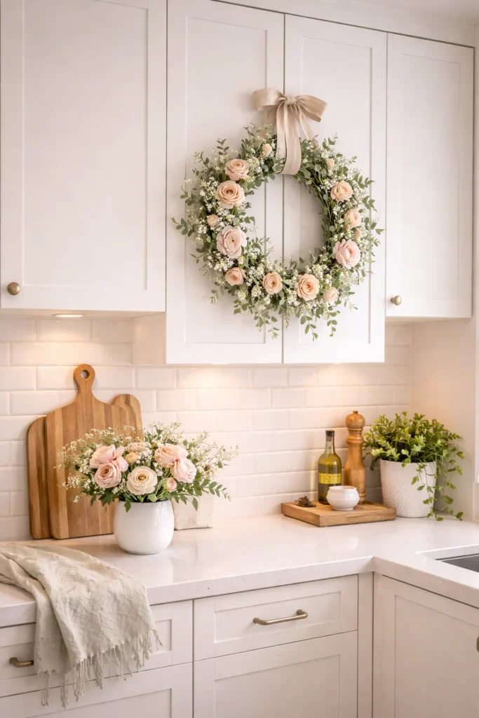 Spring Wreath on Kitchen Cabinet