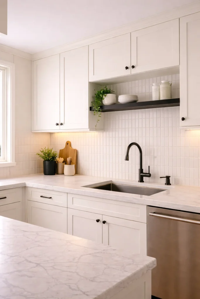 Stacked Vertical White Tile Backsplash