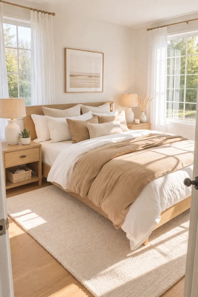 Tan & White Bright Airy Bedroom