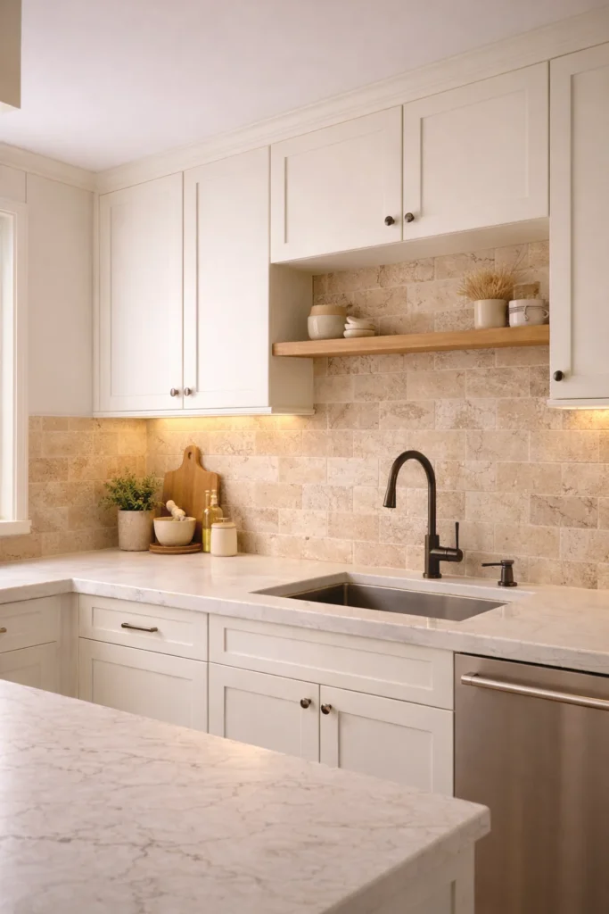 Warm Beige Travertine Backsplash