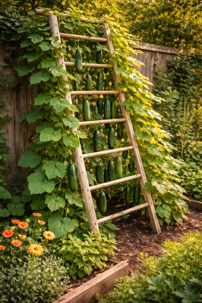 Wooden Ladder Trellis Cucumber