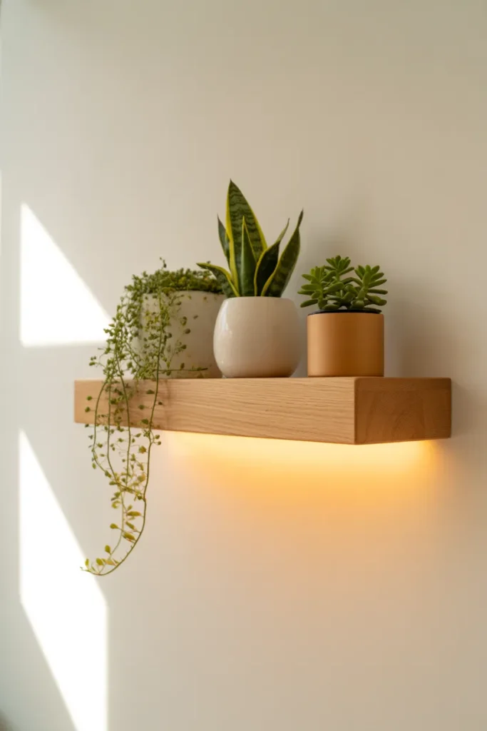 1-Floating Wood Shelf with Trailing Plants and Warm LED Glow
