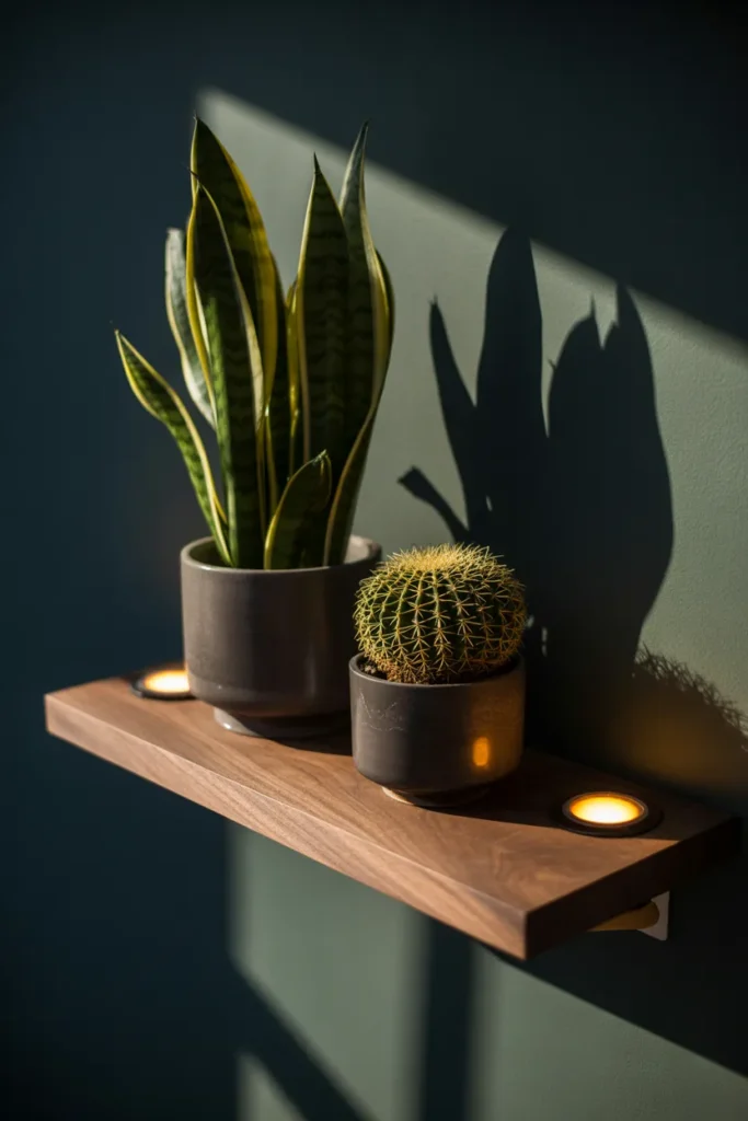 10-Dark Wall Plant Shelf with Warm Uplighting