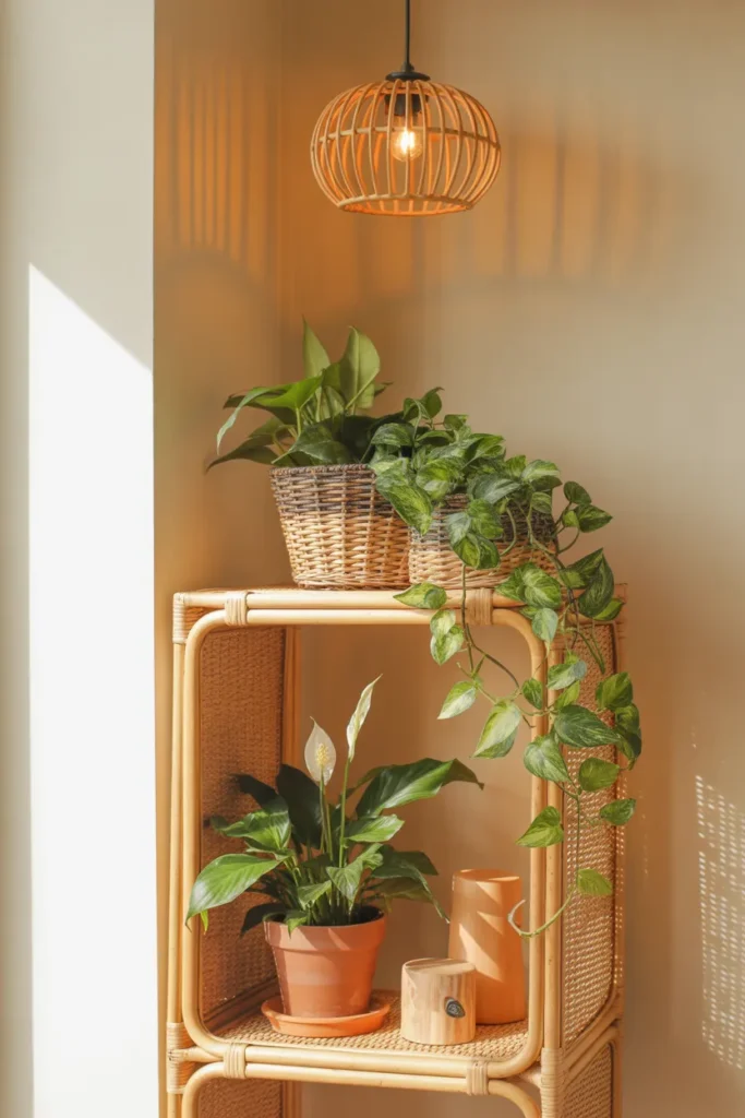 11-Rattan and Plant Shelf with Pendant Glow