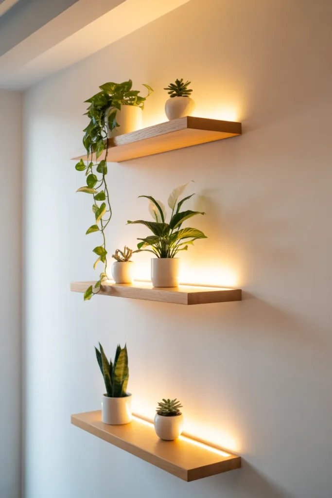 12-Minimalist Staggered Plant Shelves with LED Strip