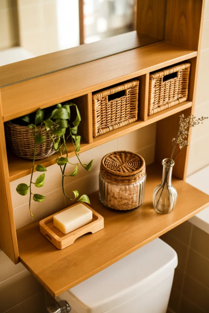 14-Rattan and Wood Shelf Above Toilet