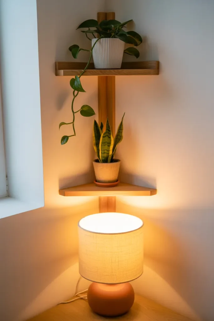 2-Minimalist Corner Plant Shelf with Soft Lamp Light