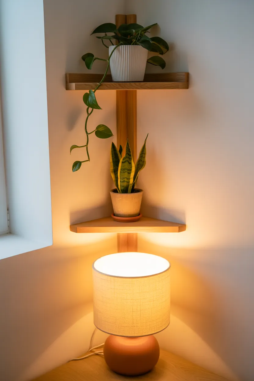 2-Minimalist Corner Plant Shelf with Soft Lamp Light