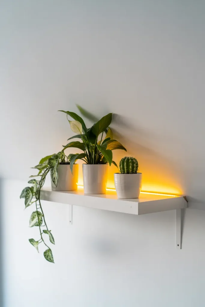 3-White Wall Plant Shelf with Backlit Glow