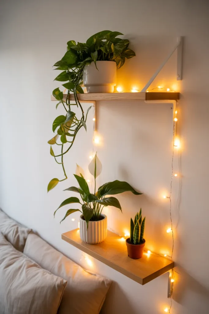 5-Bedroom Plant Shelf with Fairy Light Glow