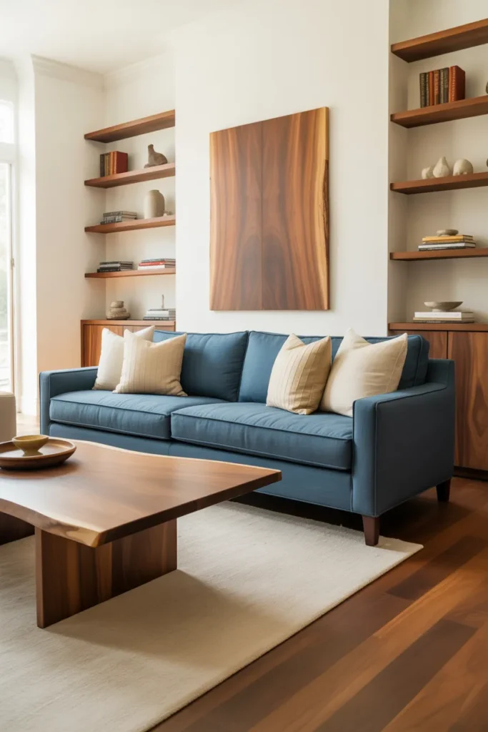 7-Blue Sofa with Warm Wood Living Room