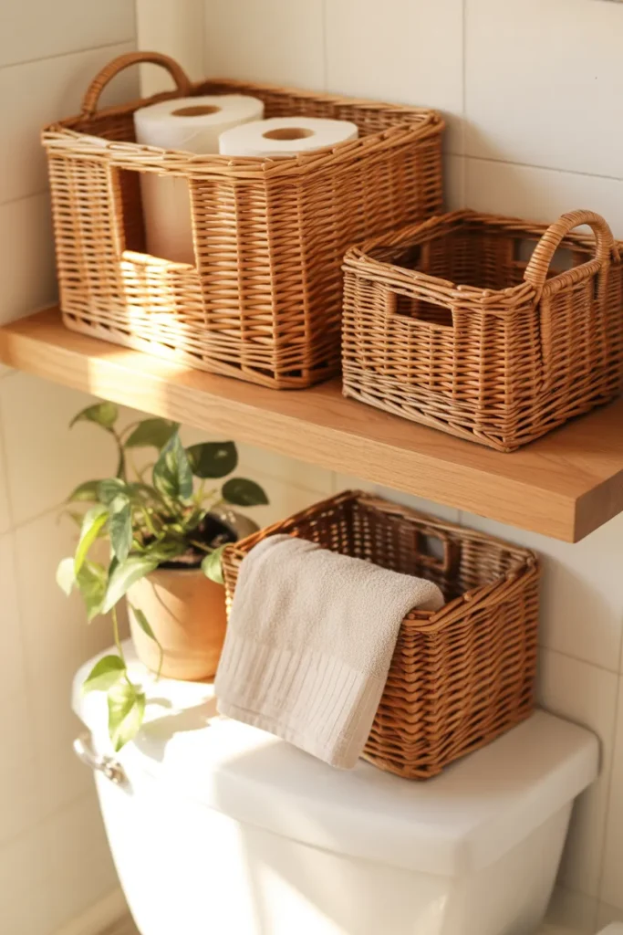 7-Wicker Basket Shelf Above Toilet
