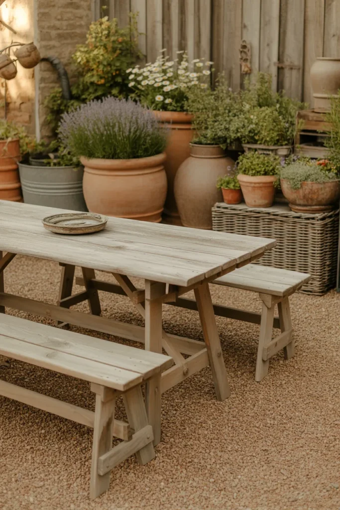 8-Rustic Gravel Patio with Wooden Furniture