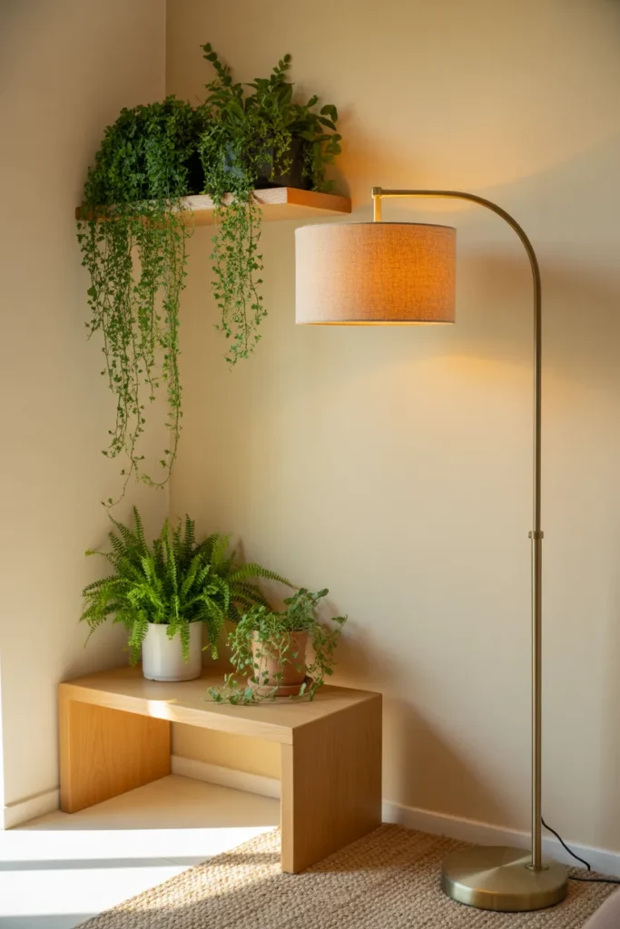 9-Living Room Plant Shelf with Arc Lamp Glow